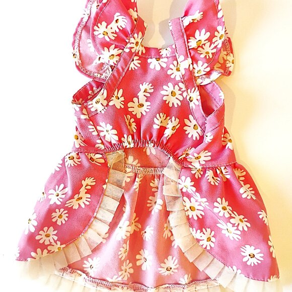 Pink Dog Dress with White Daisies, Ruffle Trim, Size XS - Picture 2 of 7